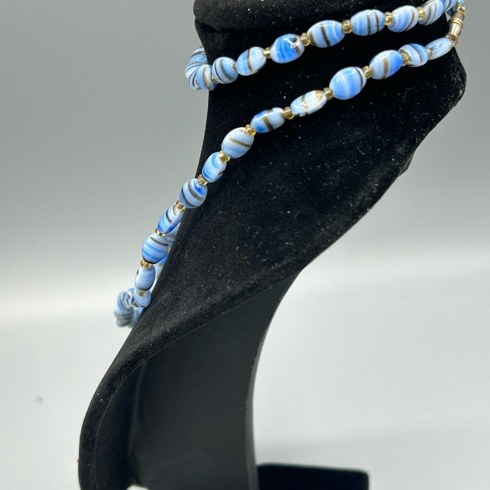 Handmade Blue White Swirl Glass Bead Necklace Artisan Boho Statement - Picture 9 of 10